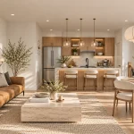 Open-concept modern kitchen and living area at Bond Townhomes featuring wooden cabinetry, a marble kitchen island with seating, a leather sofa, and a dining setup