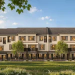 Exterior rendering of stacked townhomes in the Richmond Collection at Bond Townhomes featuring light brick facades, balconies, and landscaped grounds