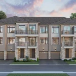 Exterior architectural rendering of three-story modern townhomes at Collection on 27 featuring stone accents, upper balconies, dark window frames, and private driveways under a dusk sky.
