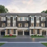 Front elevation rendering of contemporary townhouses at Collection on 27 showing dark brick and light stone facades, multi-level windows, garage doors, and landscaped front yards.