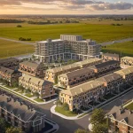 Aerial rendering of the Elements residential community featuring modern townhomes and a mid-rise condo building surrounded by green fields.