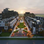 High-angle architectural rendering of Elements Milton development showing modern townhomes and mid-rise condos framing a central courtyard park at sunset.