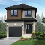 Exterior architectural rendering of a 30-foot detached home at Greengate Village with single garage, stone foundation, and wood accent siding.