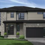 Modern two-story corner detached home rendering at Greengate Village featuring a double-car garage, grey stone and brick exterior, and large windows.