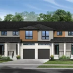 Exterior rendering of a row of modern townhouses at Greengate Village with white brick ground floor, warm wood siding accents, and black garage doors.