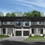 Architectural rendering of modern townhomes at Greengate Village featuring grey siding, light brick exterior, dark garage doors, and front porch entryways.