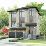 Exterior rendering of a three-story single detached home at Mackenzie Park featuring a two-car garage