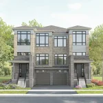 Exterior rendering of contemporary semi-detached homes at Mackenzie Park with stone and siding exterior
