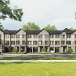 Exterior rendering of modern three-story townhomes at Mackenzie Park featuring stone facade and integrated garages