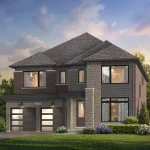 Exterior rendering of a modern two-story single-family home at The Village of Hillsburgh, featuring a stone and dark siding facade, a two-car garage, and landscaped front yard under a twilight sky.