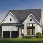 Artist rendering of a modern farmhouse-style single-family home at The Village of Hillsburgh, featuring white board-and-batten siding, contrasting black window frames, and a two-car garage set against a wooded backdrop.
