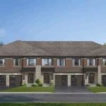 Render of a multi-unit townhouse complex at The Village of Hillsburgh, featuring traditional brick and light stone facades, private driveways, and individual garages surrounded by lawns and trees.