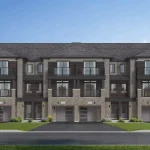 Architectural rendering of multi-level townhouses in The Village of Hillsburgh, featuring contemporary brick and stone exteriors, built-in garages, and upper-level balconies with glass railings surrounded by green landscaping.