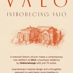 Promotional graphic introducing VALO by Oldstonehenge, featuring an architectural sketch of a restored historic church integrated with a contemporary residential addition alongside project details.