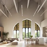Spacious open-concept living and dining room at VALO featuring vaulted cathedral ceilings, exposed beams, modern kitchen cabinetry, and large arched stained-glass windows overlooking lush greenery.