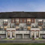 Architectural rendering of modern three-story townhomes at Valley Brooke featuring light stone facades, private balconies, and integrated multi-car garages.