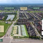 Aerial map view of Valley Brooke Townhomes site layout along Weston Road in Woodbridge, highlighting nearby Chatfield District Park and local schools.